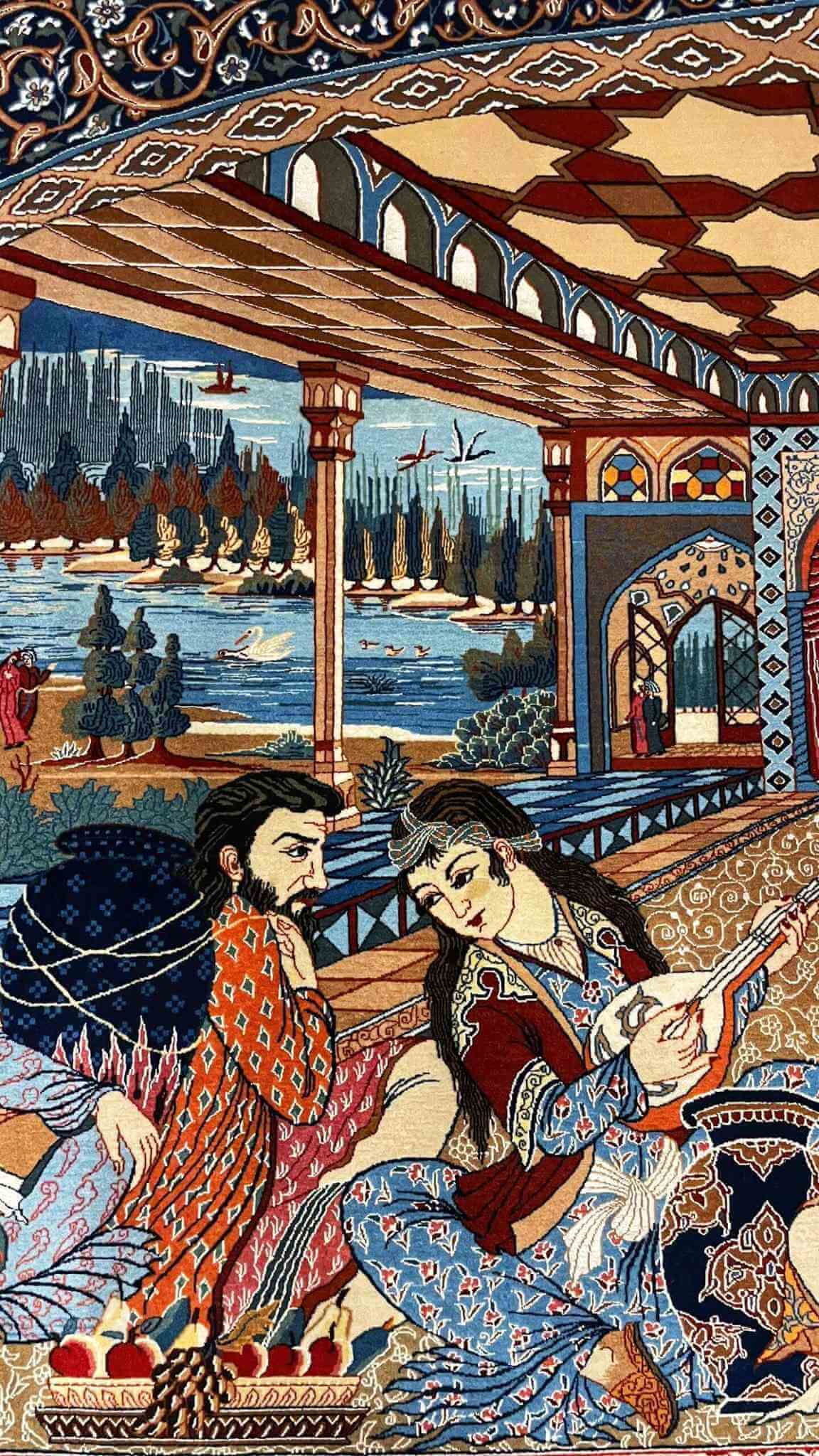 "Elegant Seirafian rug with a mix of wool and silk, displaying a detailed narrative artwork in the design."